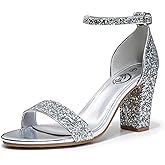 Trary Silver Sparkly Sandal for Women, Comfortable Block Heels, Ankle Strap, Open Toe, Wedding Shoes, Size 8