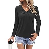 Womens Long Sleeve T Shirts V Neck Ruched Tops Loose Fit Pleated Tee Dressy Casual Tunic Blouses Fall Clothes