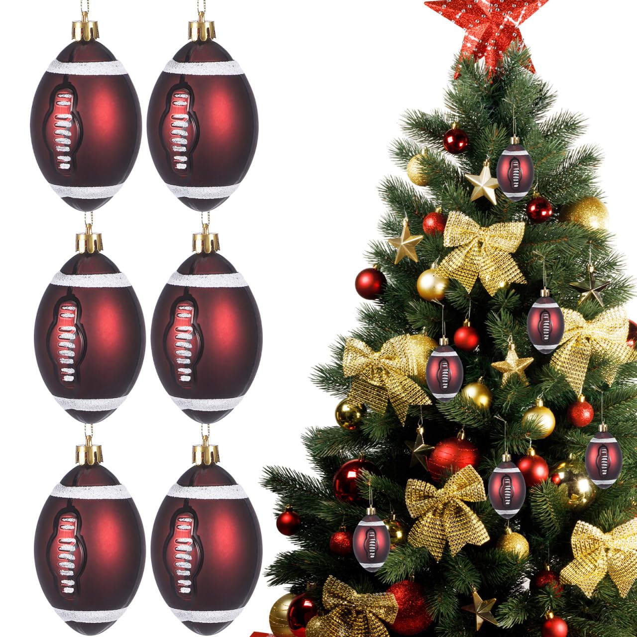 6Pcs Christmas Rugby Ornament Christmas Tree Ball Xmas Bauble Bulb Spheres Pendant Hanging for DIY Sports Theme Holiday Party Decorations