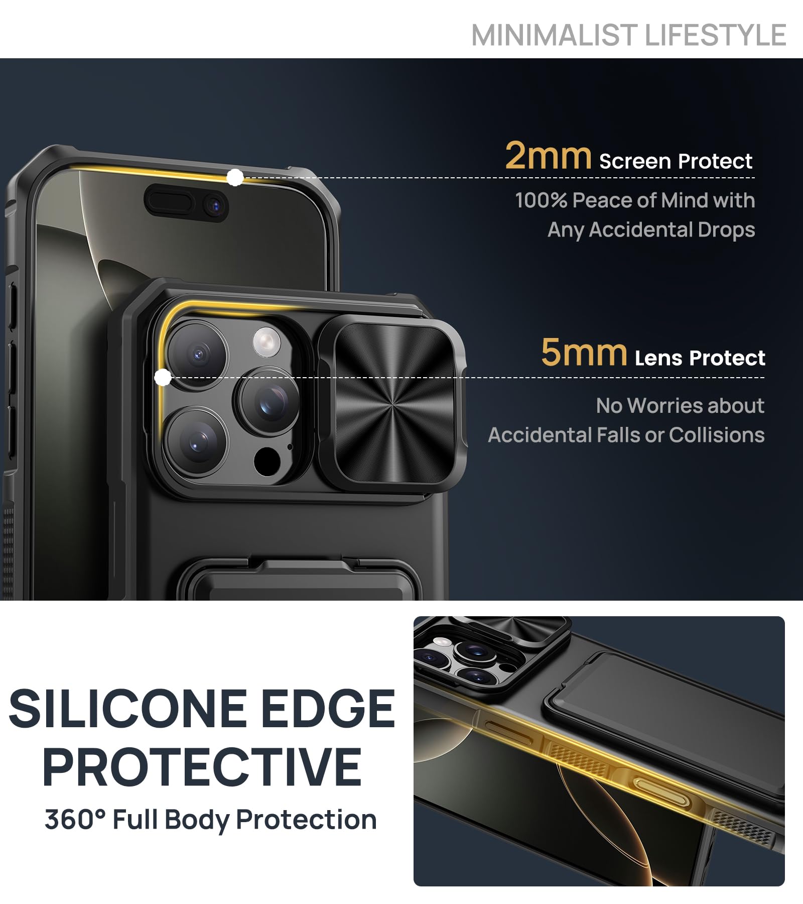 for iPhone 16 Pro Max Case with Card Holder & Kickstand & Slide Camera Lens Cover, Silicone Edge Protection Rugged Heavy Duty Phone Case Cover for iPhone 16 Pro Max 6.9'' 2024, Black