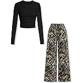 Yoxindax Girls Clothes Tween Girl Outfits Long Sleeve Ruched Top Botanical Print Relaxed Pocket Pants Set