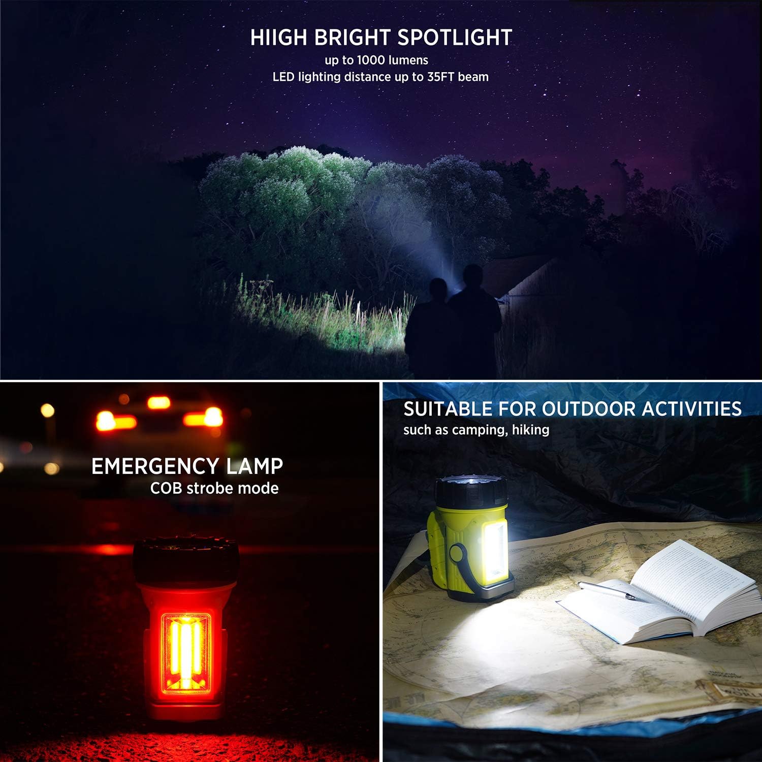 Anhay LED Lantern Flashlight, 1000 Lumen Rechargeable Camping Spotlight with 4000mAh Power Bank, IPX4 Waterproof, 10 Light Modes for Hurricane Emergency, Hiking and Home - - 