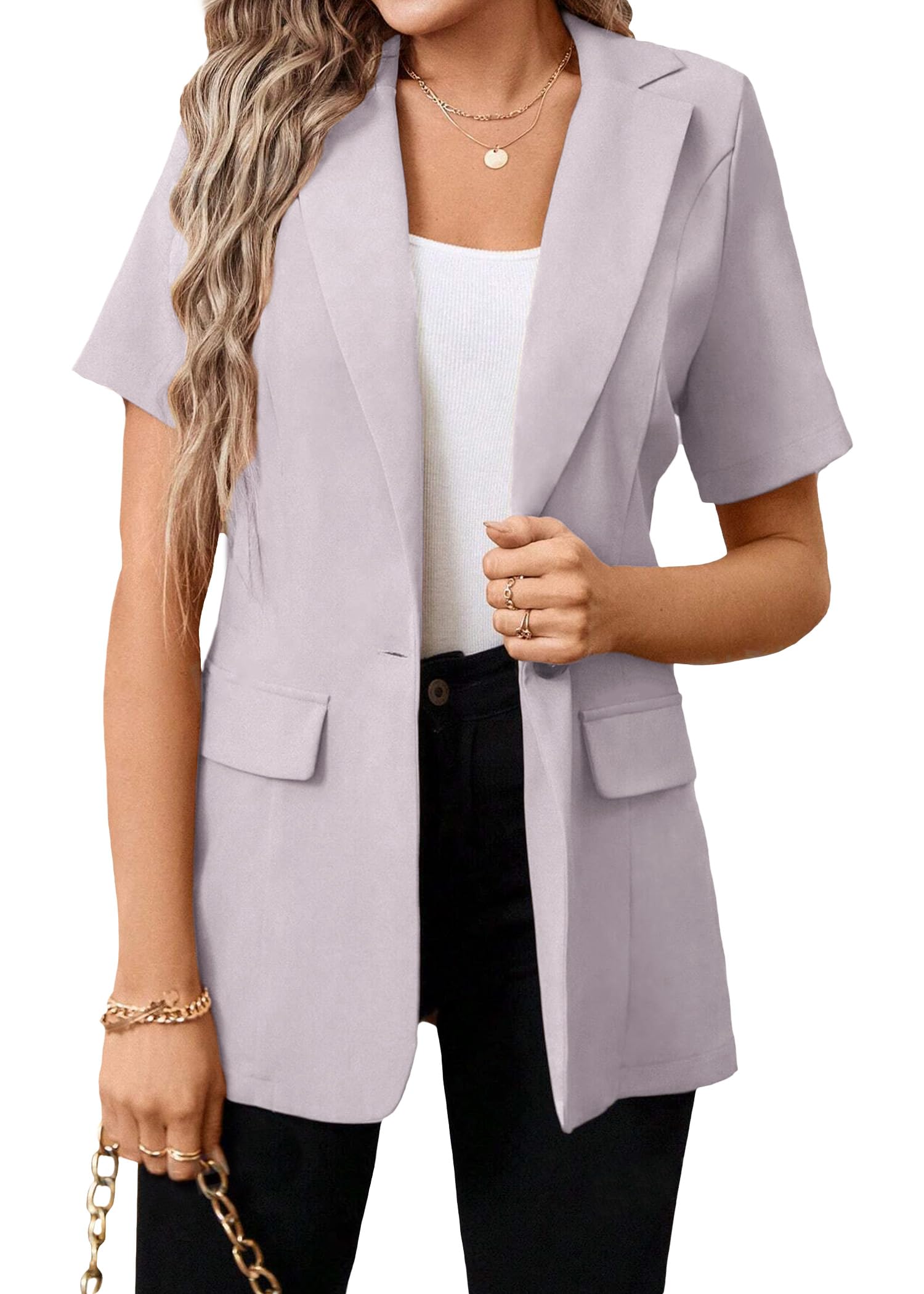 Photo 1 of Mina Self rs Jacket for Women 2025 Summer Short Sleeve Business Casual Outfits Tops Lapel Front Button Closure Work Office Blazer with Lining, Daily/Work,Light Lavender-Beige XX-Large Size