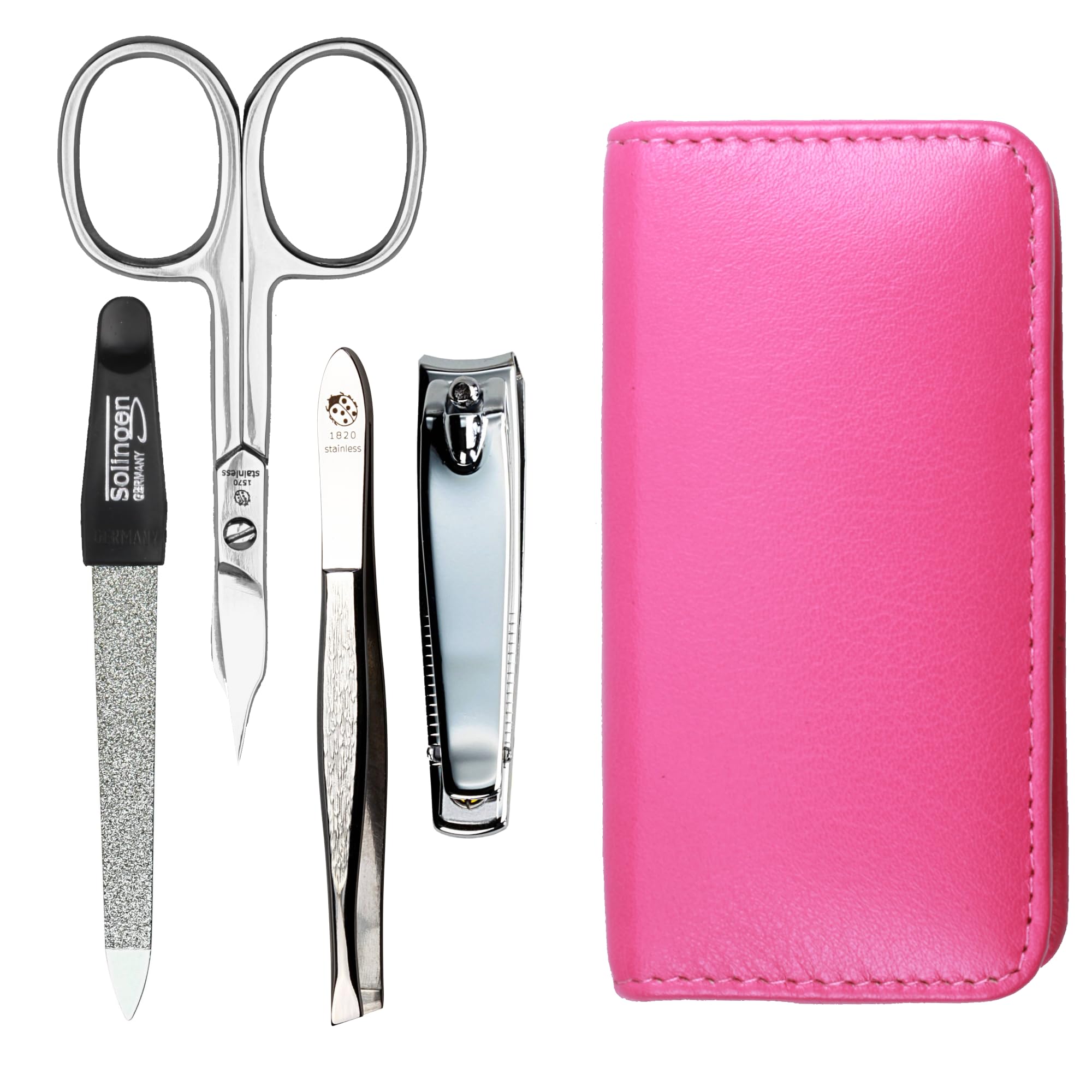 Manicure Set 4-Piece Travel Case - Nail Scissors, Nail Clippers, Nail File and Tweezers - Case Made of Genuine Nappa Lambskin Leather - Manicure and Pedicure (Pink)