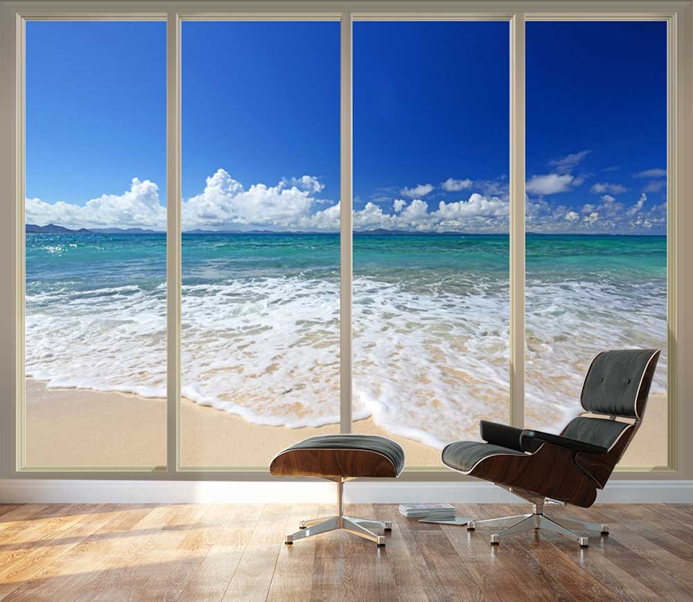 Large Wall Mural Tropical Beach Seen Through Sliding Glass Doors 3D
