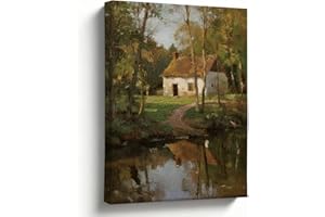 Lakeside Cottage Canvas Wall Art, Forest Reflection Landscape Oil Painting Print, Rustic Cabin Scene, Farmhouse Country Wall 