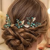 HEREAD Green Rhinestone Bride Wedding Hair Pins Gold Bridal Hair Pieces Crystal Hair Accessories for Women and Girls（Pack of 3) (Gold)