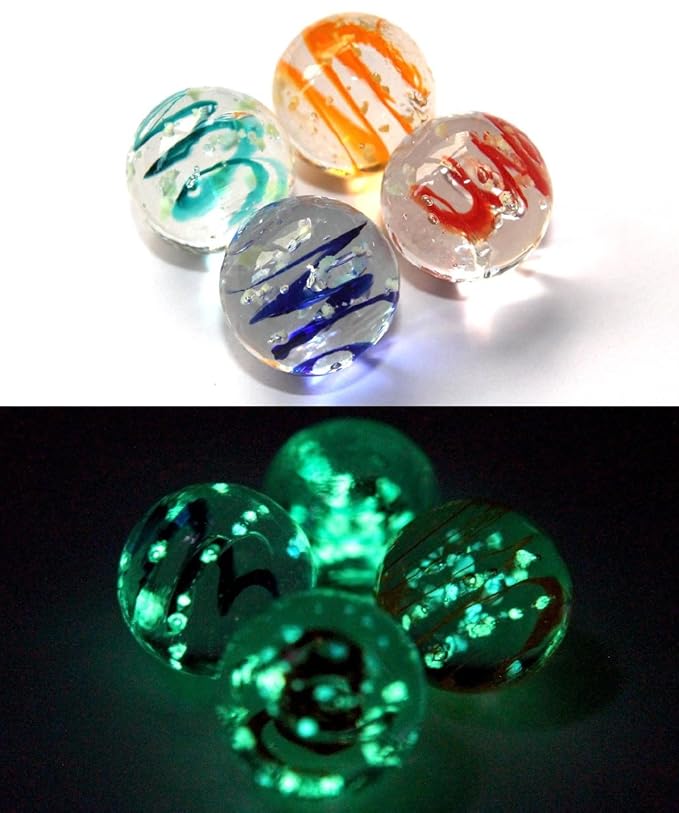 Set of 4 x 16mm Luminescent Glow In The Dark Glass Marbles Handmade