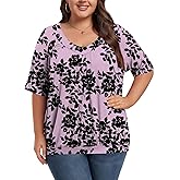 ForHailey Women's Plus Size Tops Short Sleeve Shirts Pleated V Neck Loose Baggy Blouse