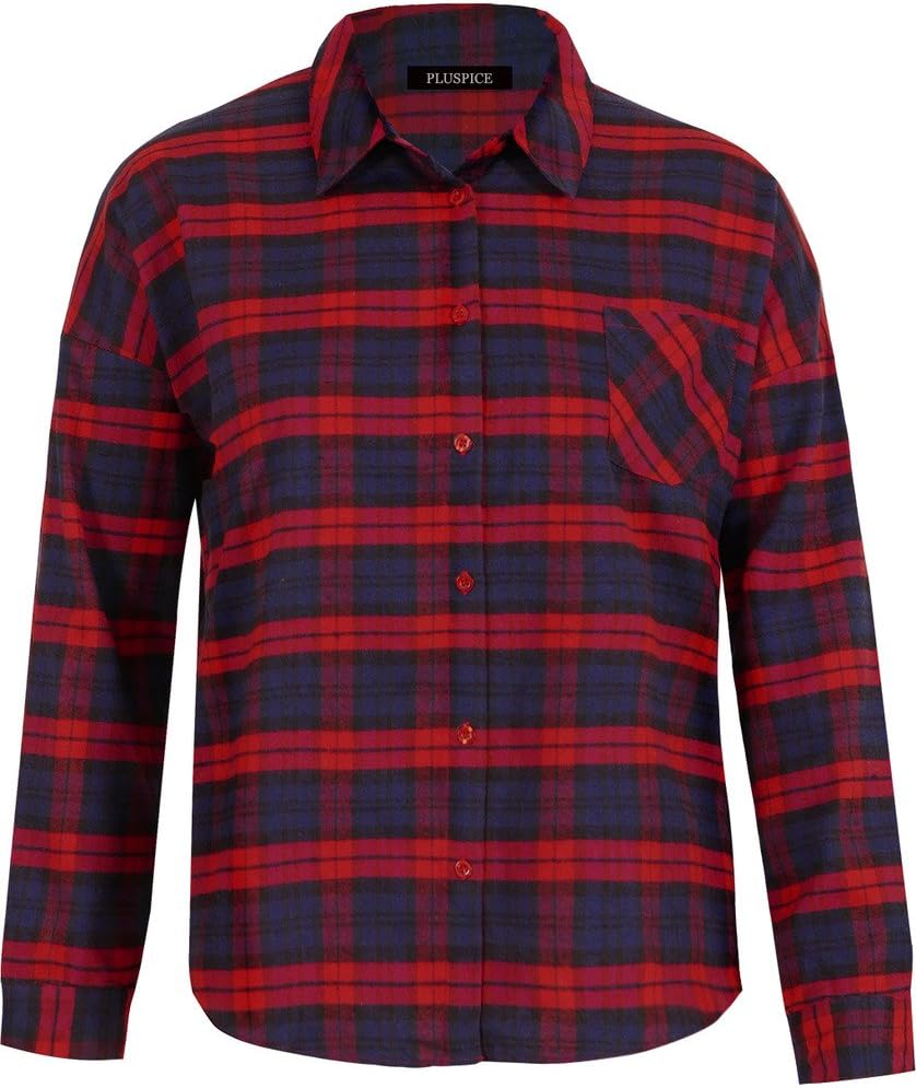 PLUSPICE Women's Quality Plaid Flannel Shirts Lattice Lace up Blouse Plus