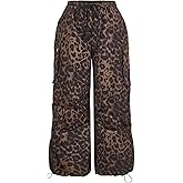 SOLY HUX Women's Plus Size Leopard Cargo Pants Y2k Cheetah Print Drawstring High Waisted Baggy Wide Leg Parachute Pants