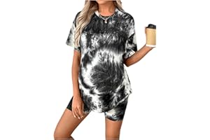 MakeMeChic Women's Maternity 2 Piece Outfit Tie Dye Pajamas Set Short Sleeve Tee Shirt and Biker Shorts Pregnancy Lounge Set