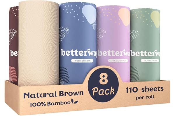 Betterway Bamboo Natural Brown Paper Towels - 8 Rolls, 2 Ply, 110 sheets - Plastic Free, PFAS Free, Disposable Kitchen Paper