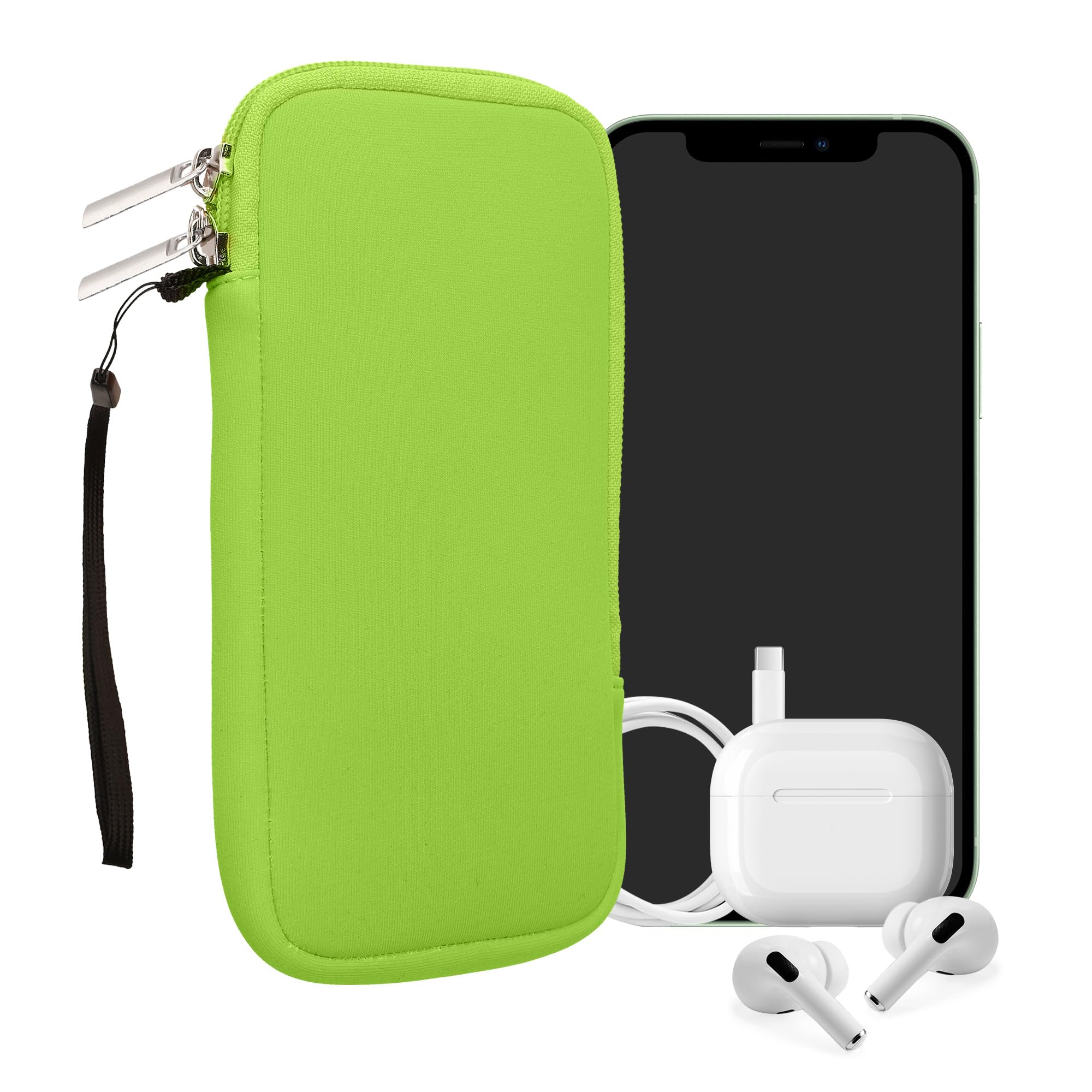kwmobile Neoprene Phone Pouch Size XXL - 7" - Universal Cell Sleeve Mobile Bag with Zipper, Wrist Strap - Neon Green — image 1