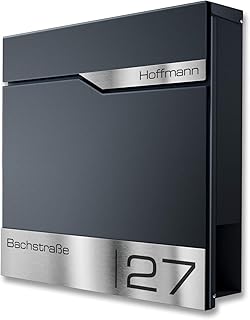 Metzler Briefkasten mit V2A Edelstahl-Namensschild - Design Wandbriefkasten inkl. Zeitungsfach - Postkasten in Anthrazit RAL 7016 - Größe: 37 x 37 x 10,5 cm