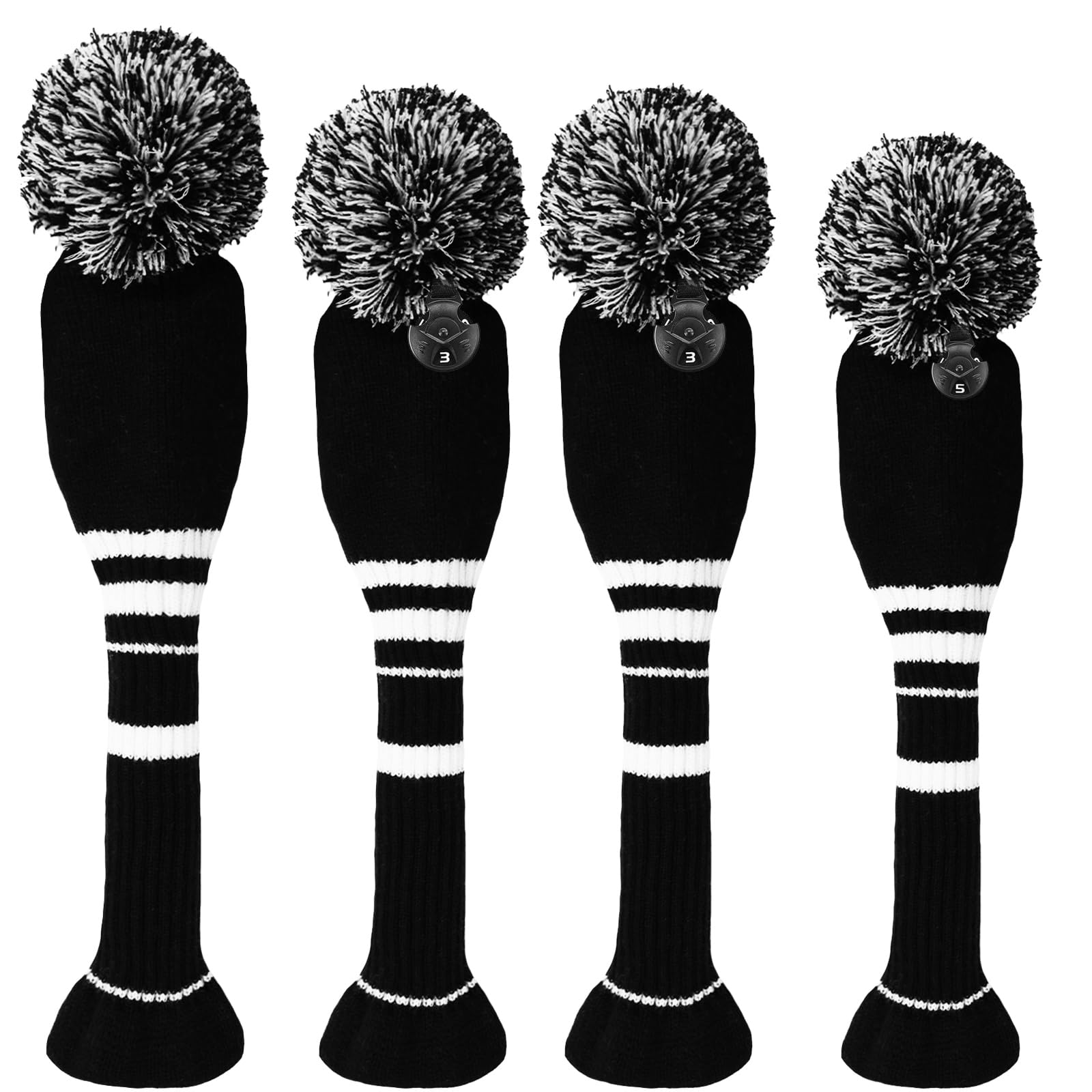 3 or 4 Pack Pom Golf Head Covers for Woods 1 3 5 Driver Fairway Hybrids Wood HeadCovers Set with Number Tag Knitted Golf Head Covers (Carbon1335)