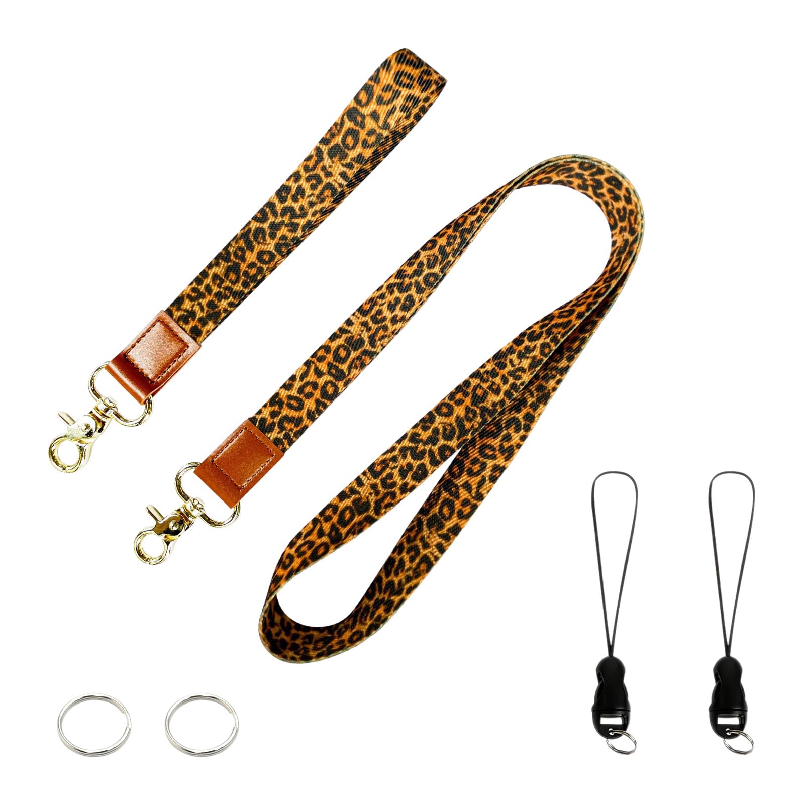 PAITOK Neck Lanyard & Wrist Lanyard Strap Set with Metal Clasp personalised lanyard with Two Metal Key Rings for ID Badge Holder Keys Charms(Leopard print)