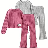 Jolyshlid Girls Clothes Set 6 piece Ruffle Knit Ribbed Long Sleeve T-Shirts Tops and Pants Autumn and Winter Set 3-10Y