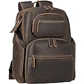 TIDING Men's Vintage Leather 15.6" Laptop Backpack Multi Pockets Travel Rucksack Business Overnight Daypack