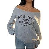 SOLY HUX Women's Off the Shoulder Graphic Sweatshirt Letter Print Long Sleeve Oversized Pullover Tops