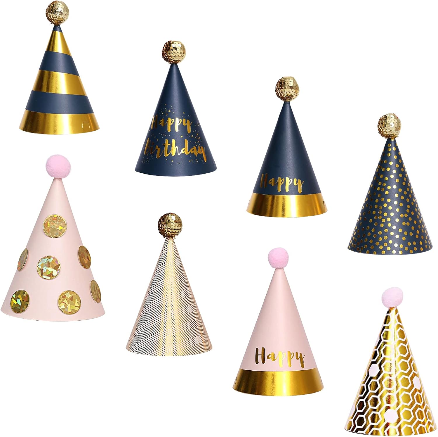 8Pcs Birthday Party Cone Hats with Pom Poms Paper Gold Foil Party Hat