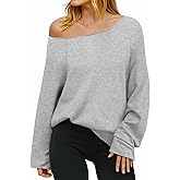 Fisoew Womens Off The Shoulder Tops Sweatshirts Lightweight Oversized Pullovers Long Sleeve Y2k Loose Fit Tunic Tops Grey
