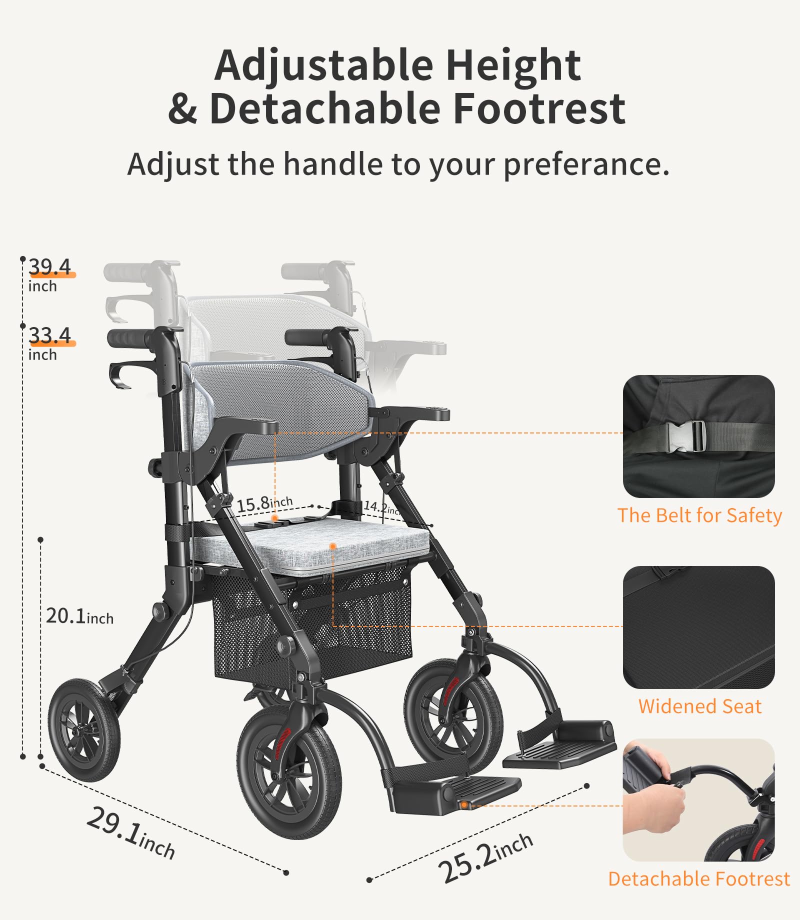 Rollator-Walkers-for-Seniors-with-Seat, Walker Wheelchair Combo, Transport-Wheelchair-Lightweight-Foldable, Adult Walkers All Terrain, 2 in 1 Rolling Walker Chair with Brakes & Pouch-2024 New