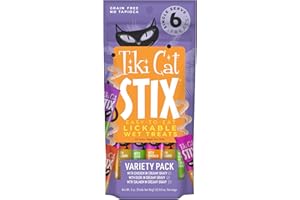 TIKI PETS Tiki Cat Stix Wet Treats, Grain Free Lickable Smooth Mousse Blend in Creamy Gravy, Variety Pack 6 Stix 1 Pouch