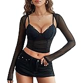 Avidlove Mesh Crop Top with Shrug Long Sleeve Sheer Top Sexy Low Cut Shirt Going Out 2 Pieces Clubwear
