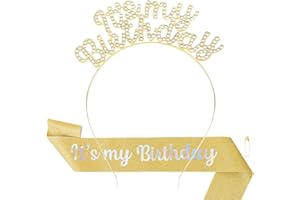 Araluky IT's MY BIRTHDAY Headband & Sash for Women Birthday Headband & Hairband for Women Girls Parties Favors Gift, Gold, 7.76 inch * 4.72 inch