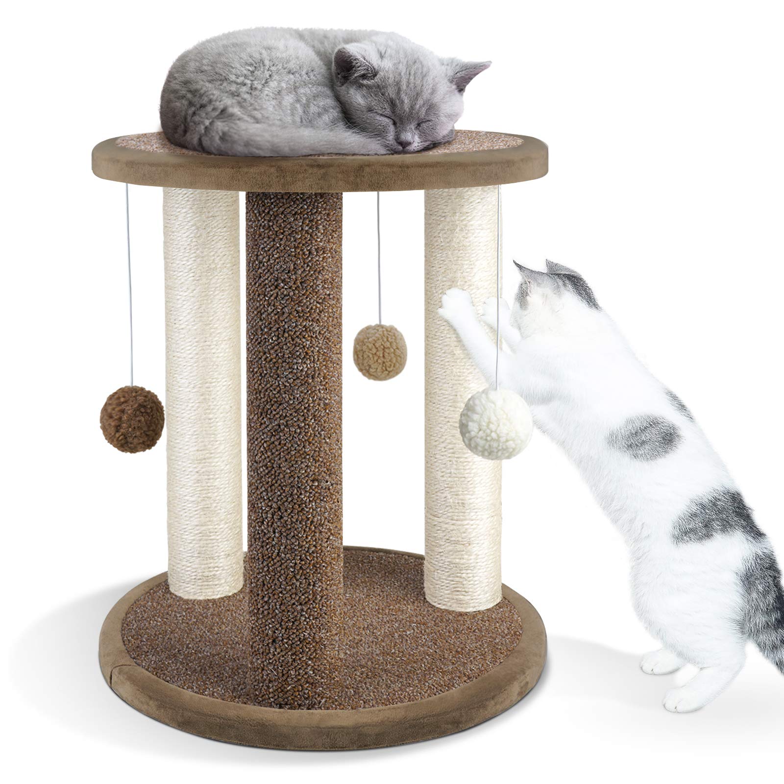 Aibuddy Cat Scratching Post, Scratching Tower with 3 Scratcher Posts，Carpeted Base Play Area and Perch (Cat Interactive Toys, Dangling Ball,East to Assemble, 40 x 40 x 47cm)