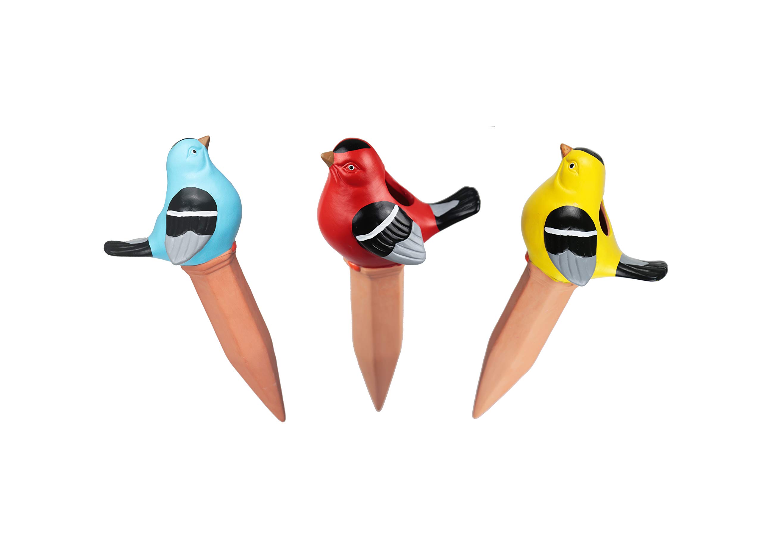 Terracotta Plant Self Watering Spikes - Set of 3 Yellow, Blue and Red Birds for Large Pots, Self Watering Bulbs, Self Watering Stakes for Indoor and Outdoor Plants