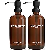 Amber Glass Hand and Dish Soap Dispenser Set by Brighter Barns - Modern Kitchen Decor & Accessories for Airbnb, RV, Office, Housewarming Gifts (Amber)
