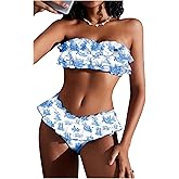 WDIRARA Women's Floral Bikini Set 2 Piece Bandeau Layered Ruffle Swimsuit Strapless Bathing Suit
