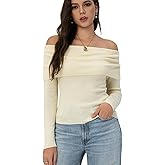 HUNAIF Women's Autumn Sweater, 2025 Casual Long Sleeve Off-The-Shoulder Strapless Knitted Sweater, Pullover Sweater Milky White