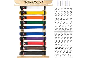 OGANAZI 10 Belts Karate Belt Display Rack with Personalized Stickers, Taekwondo Belt Display Holder with Side Medal Rack Elastic Band Martial Arts Belts Organizer for Taekwondo Karate BJJ Gifts