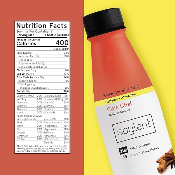 SOYLENT COMPLETE NUTRITION GLUTEN-FREE VEGAN PROTEIN MEAL REPLACEMENT SHAKE, CAFE CHAI, 14 OZ, 12 PACK