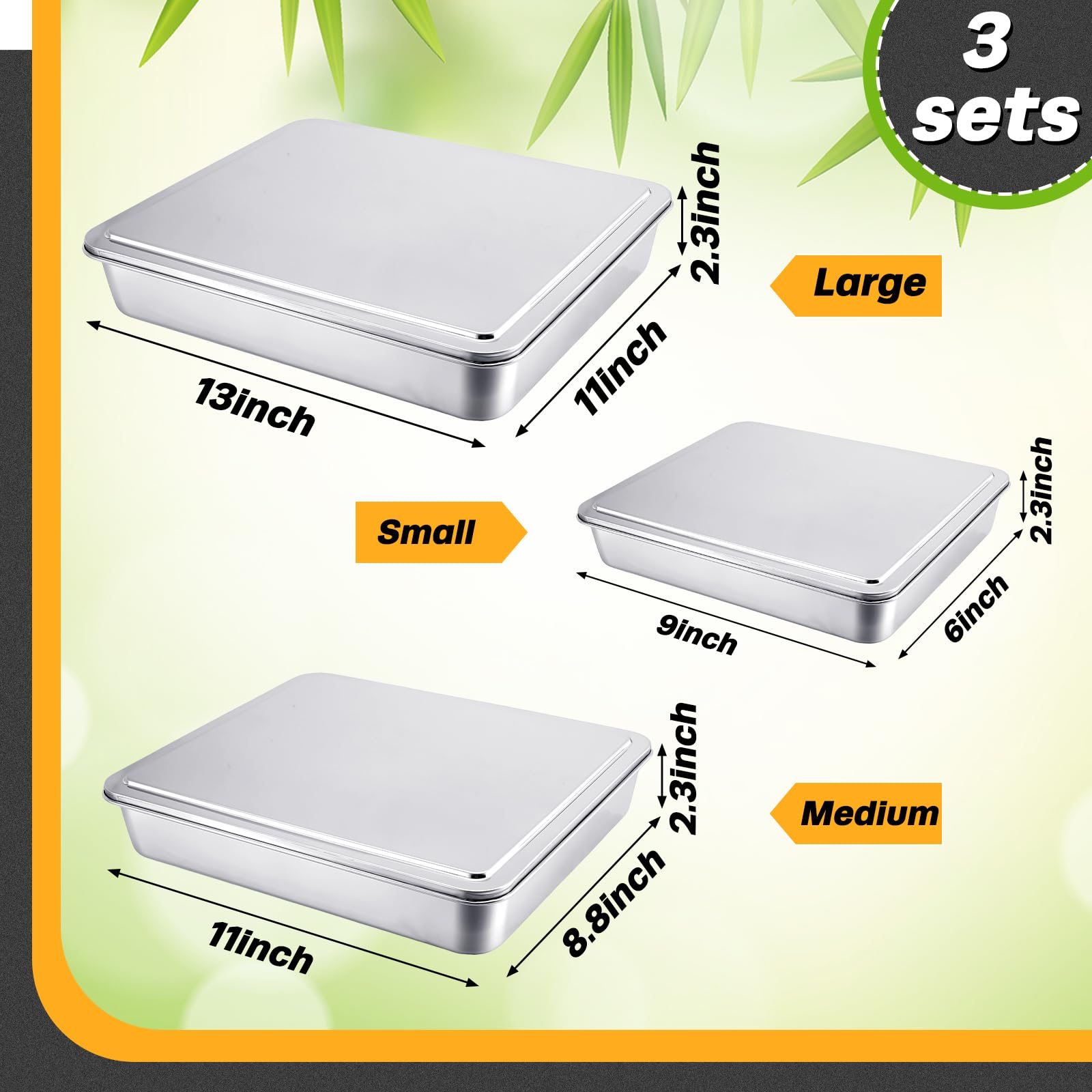 Tioncy 3 Set Stainless Steel Cake Pan with Lid 13/11/9 Inch Rectangle Sheet Baking Pan with Covers Bakeware with Lids for Cakes Breads Casseroles Fish Vegetables and More