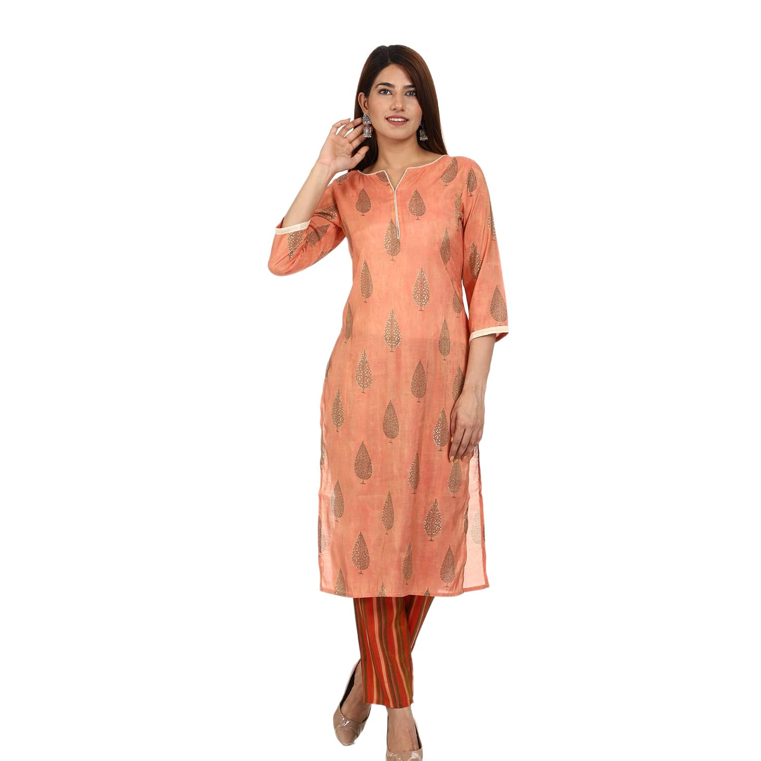 Buy CLASSIC FASHION Peach Round V Neck Kurti and Lower Set for Women at