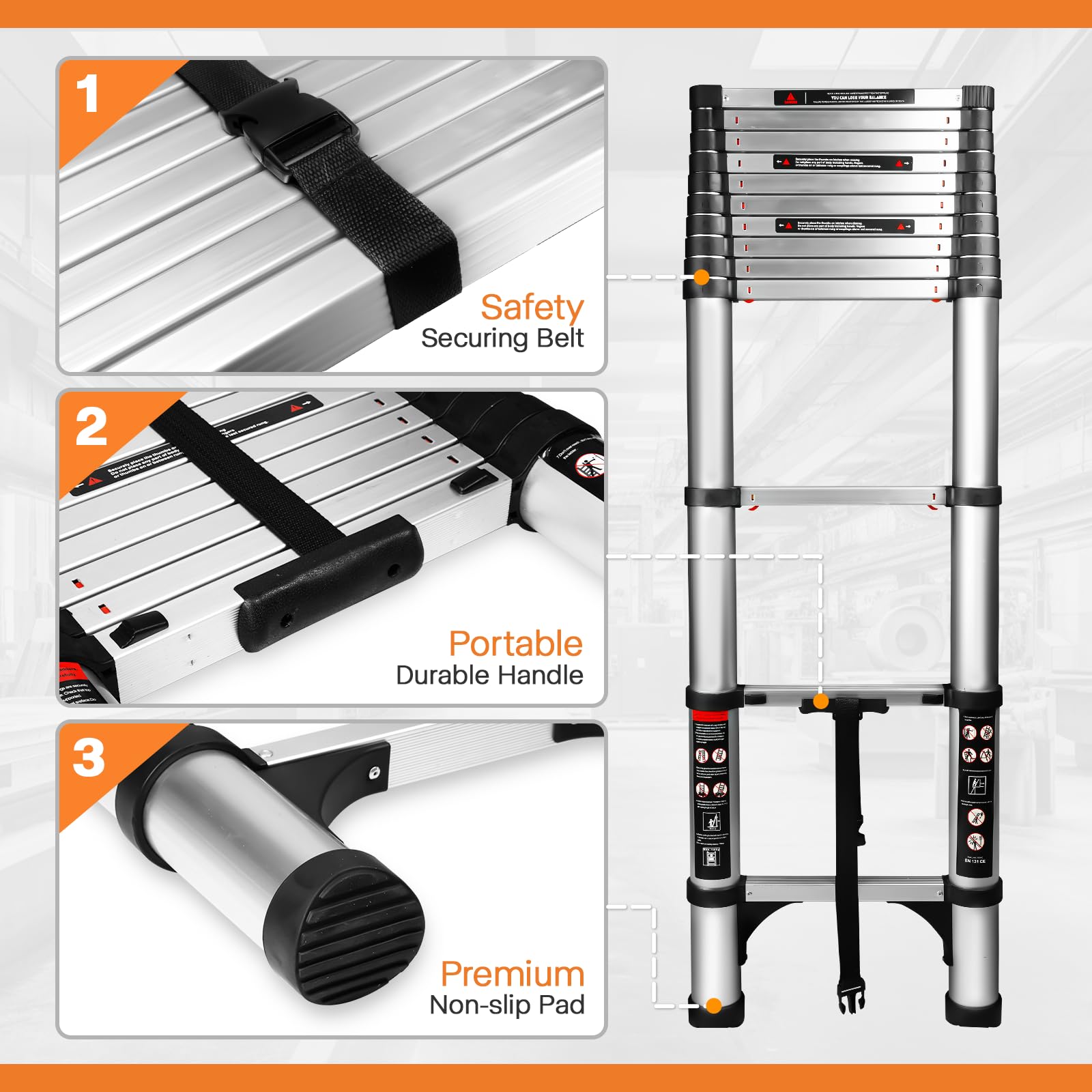 Augtarlion Telescoping Ladder, 12.5 FT One Button Retraction Aluminum Extension Ladder with Slow Down Design, Compact Telescopic Ladder for Home with 2 Triangle Stabilizers, Max 330lbs Capacity