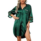 HBZDQB Women's Satin Nightgown Button Down 3/4 Sleeve Sleepwear Silk Night Gowns Nightshirt with Pocket