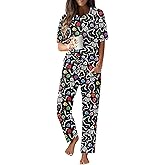 JiniGolla Women's Pajamas Sets Soft Short Sleeve Top and Long Pants 2 Piece Loungwear with Pocket