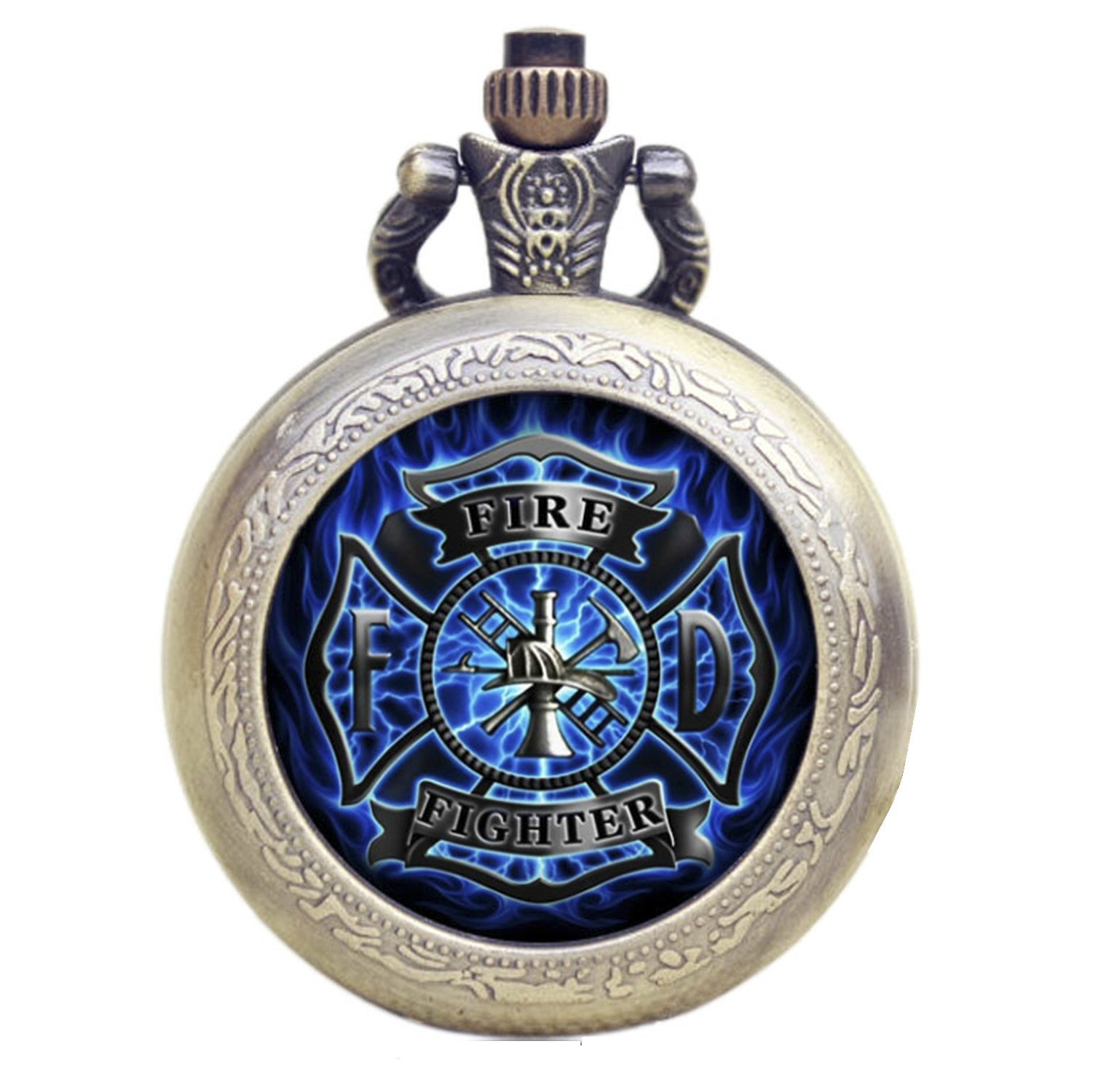 Designer Inspirations Boutique Blue Fireman/Firefighter Bronze Effect Antiqued/Vintage Case Men's Quartz Pocket Watch Necklace - On 32" Inch / 80cm Chain
