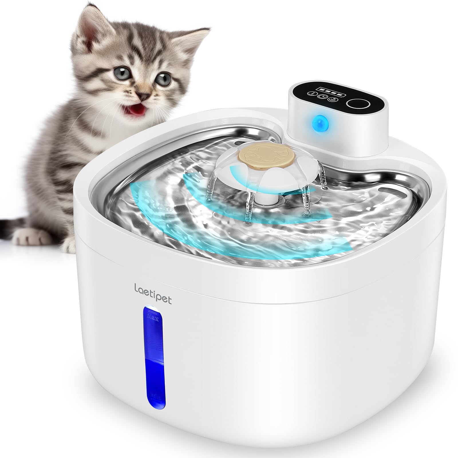 Battery Operated Cat Water Fountain 5000mah 2.8l Wireless Stainless Steel 3 Modes Automatic with Motion Sensor Water Dispenser for Cat Battery&Silent Pump Dog Pet Fountain Multi-Filtration Replacement