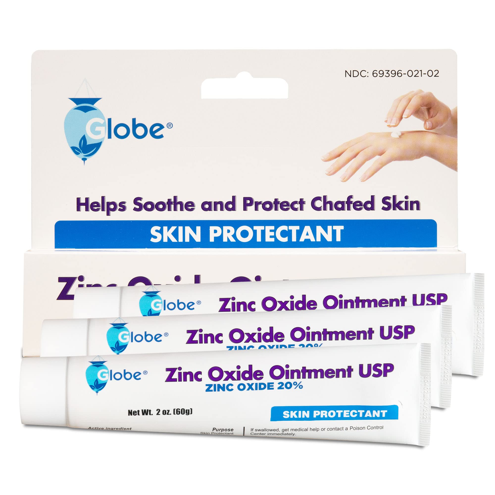 Globe (3 Pack) Zinc Oxide 20% Skin Protectant Barrier Ointment 2 oz Relieves, Treats and Prevents Minor Skin Irritations due to Diaper Rash. Helps Seal Out Wetness. Protects Chafed Skin.