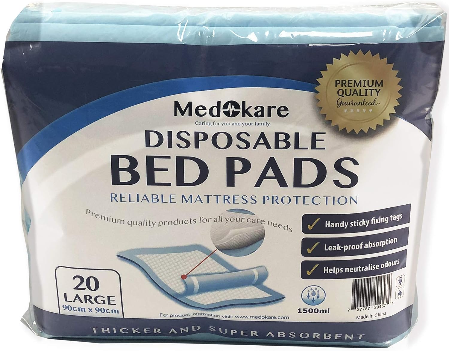 Medokare Disposable Incontinence Bed Pads - Hospital Grade 1500ml Super Absorbent Disposable Bed Mats for Bedwetting, UnderPad for Kids, Mattress Pad Protector with Adhesive (20 Pads w/Tags): Health & Personal Care