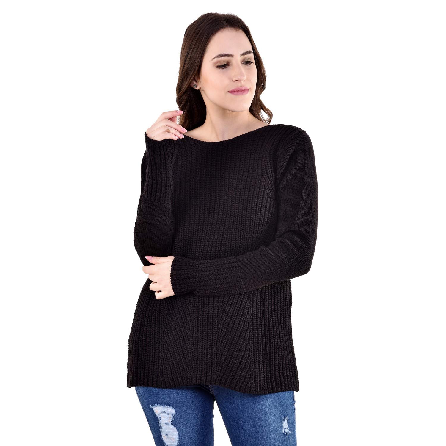mansicollections black full sleeves diagonal knitted sweater for women