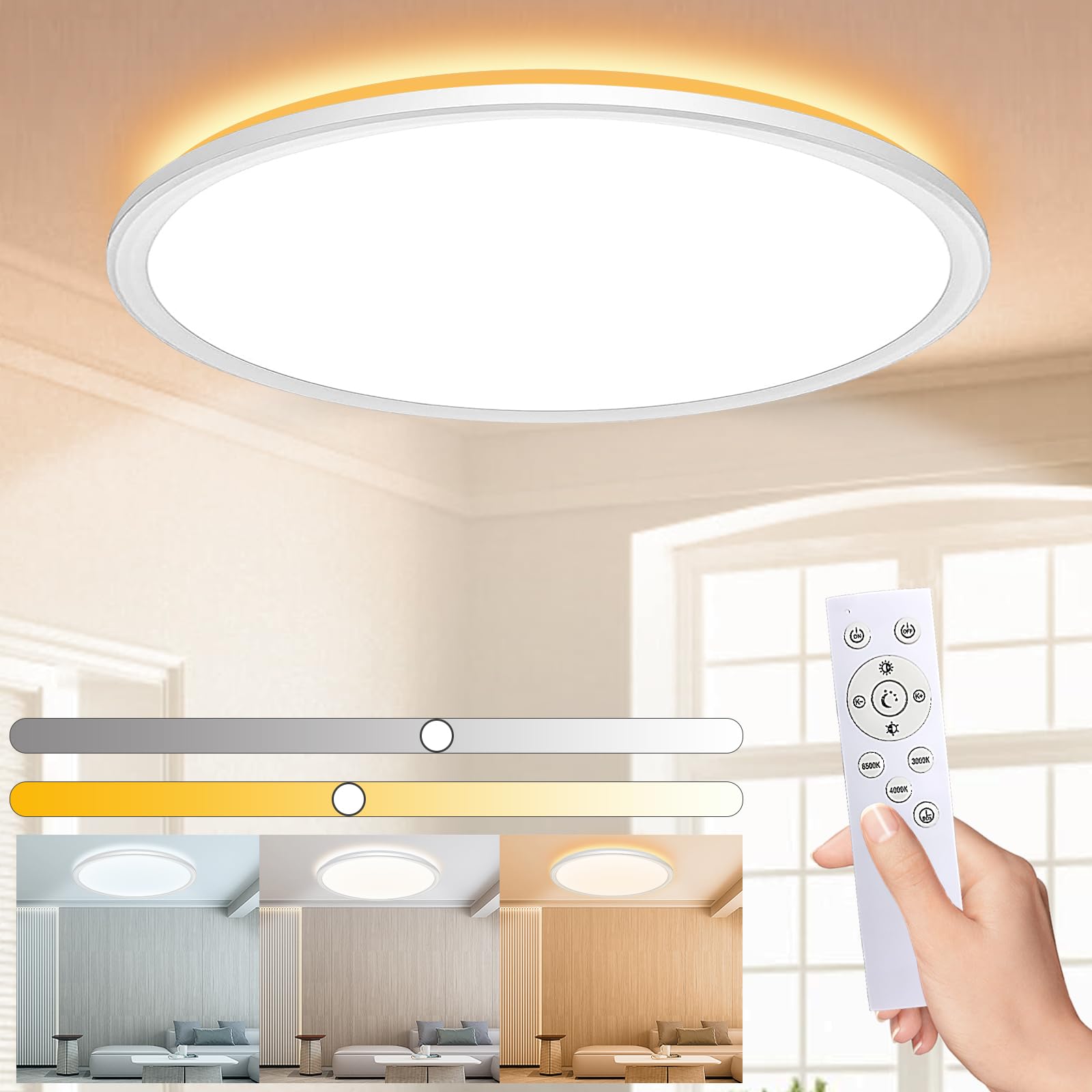LQIKARL Led Ceiling Light Dimmable Ceiling Light 3000K, 4000K, 6500K 10 Level Brightness Adjustment, 24W 3000Lm Flush Led Ceiling Lights with Remote Control for Bathroom Bedroom Kitchen