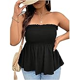 WDIRARA Women's Plus Size Strapless Ruffle Hem Tube Top Smocked Bandeau Peplum Tops