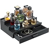 TIRYIUOU Perfume Cologne Organizer for Men: 3 Tier Wooden Perfumes Stand, Desktop Parfum Holder Wood Display Shelf with Cabinet, Bedroom Dresser Makeup Lotion Jewelry Storage Rack with Drawer